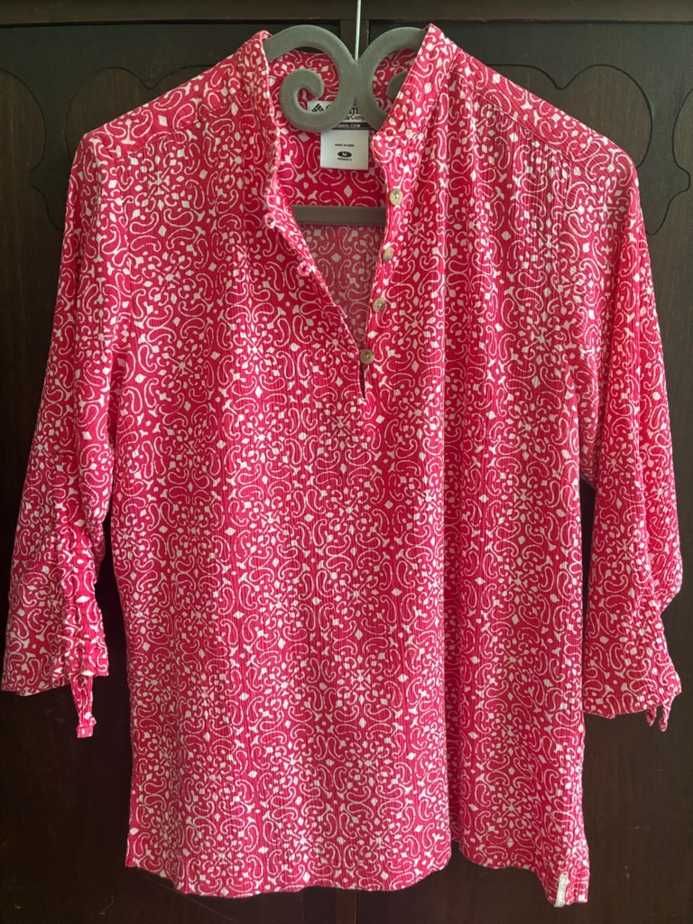 Columbia Pink White Printed Button Up V-Neck 3/4 DS Sleeves Tunic Womens Sz M